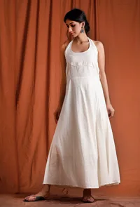 Off White Halter Neck Cotton Dress image 2