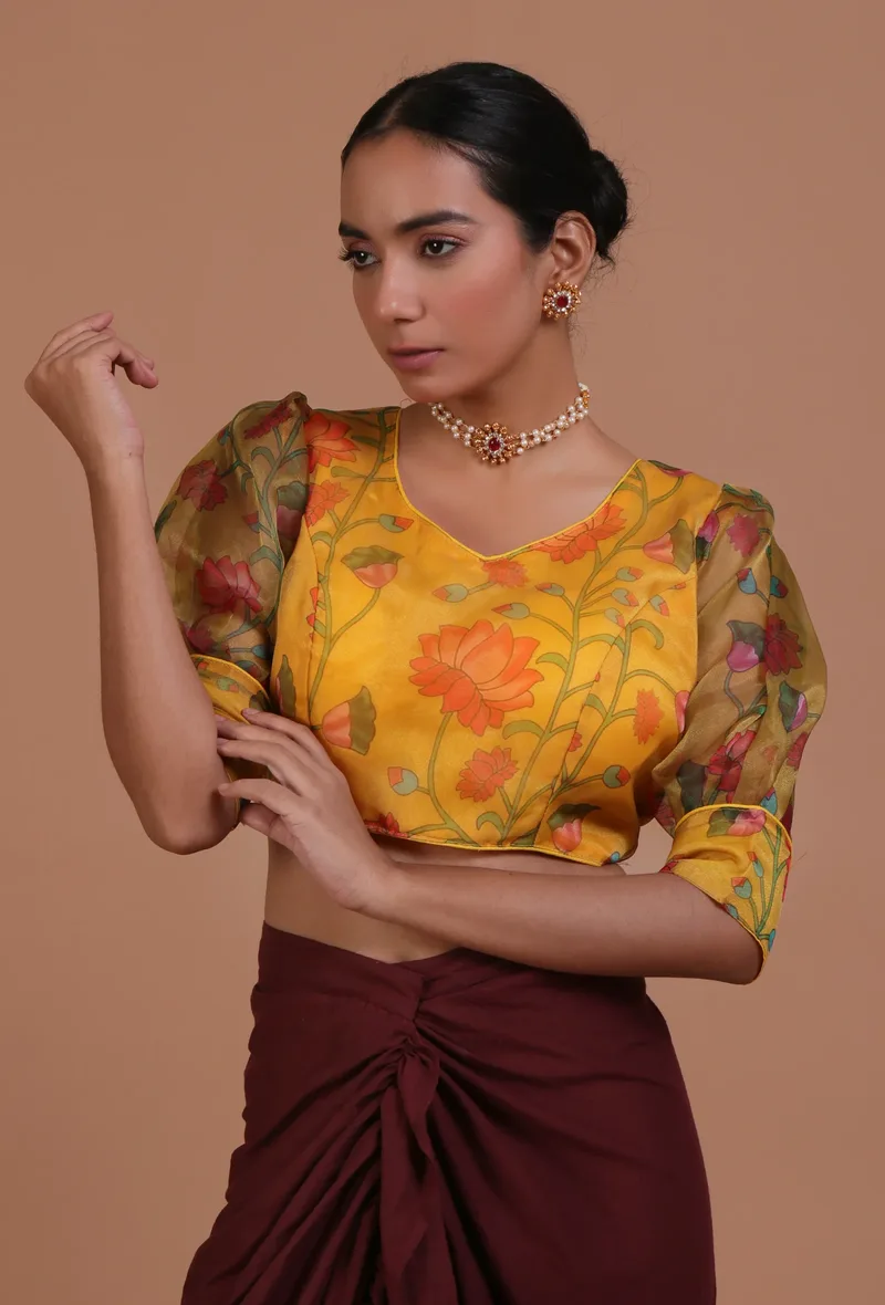 Mustred Yellow Color Organza Printed Blouse
