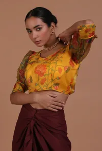 Mustred Yellow Color Organza Printed Blouse image 3