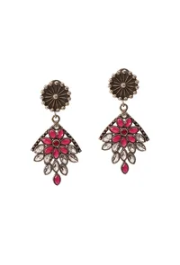 Roseate Bloom: Brass Oxidized Silver-Look Pink Flower Earring image 2