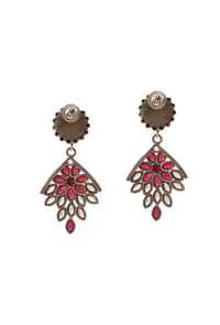 Roseate Bloom: Brass Oxidized Silver-Look Pink Flower Earring image 3