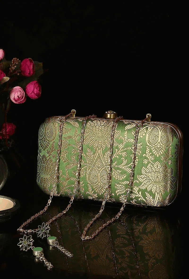 Green Brocade Box Clutch with Sling (8 X 2 X 4.5)
