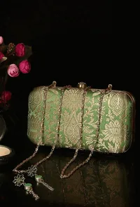 Green Brocade Box Clutch with Sling (8 X 2 X 4.5) image 1