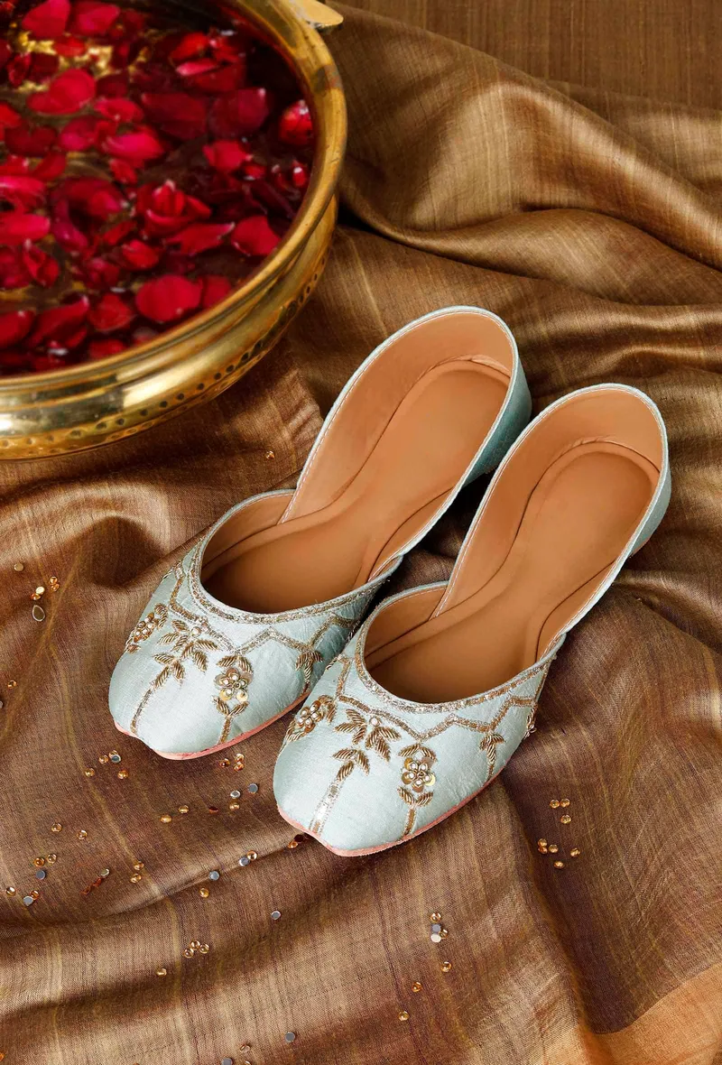 Sea Green Hand Embroidered Silk Juttis