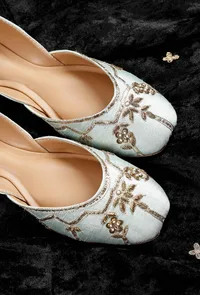 Sea Green Hand Embroidered Silk Juttis image 3