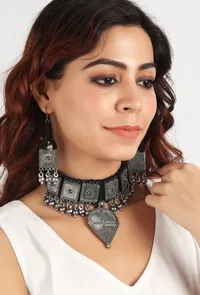 Black Thread & Square Motif German Silver Tribal Choker & Earrings image 1