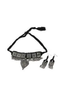 Black Thread & Square Motif German Silver Tribal Choker & Earrings image 2