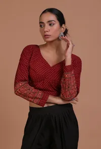 Maroon Cotton Ajrakh Printed Full Sleeve Blouse image 1