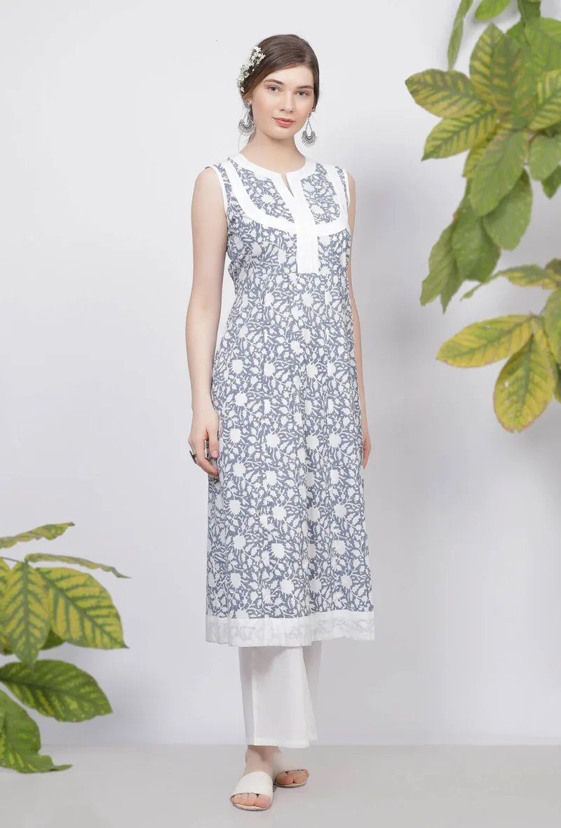 Powder Blue Floral Hand-Block Printed Cotton Sleeveless Flared Kurta
