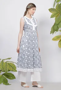 Powder Blue Floral Hand-Block Printed Cotton Sleeveless Flared Kurta image 3