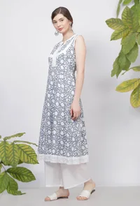 Powder Blue Floral Hand-Block Printed Cotton Sleeveless Flared Kurta image 4
