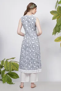 Powder Blue Floral Hand-Block Printed Cotton Sleeveless Flared Kurta image 5