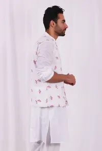White and Pink Floral Hand Block Nehru Jacket image 2
