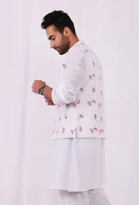 White and Pink Floral Hand Block Nehru Jacket image 3