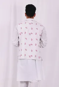 White and Pink Floral Hand Block Nehru Jacket image 4