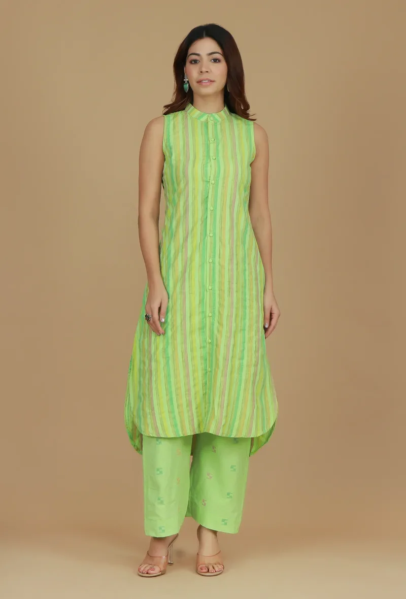 Set of 2 Lime Green Striped Sleeveless Kurta with Booti Embroidered Pants