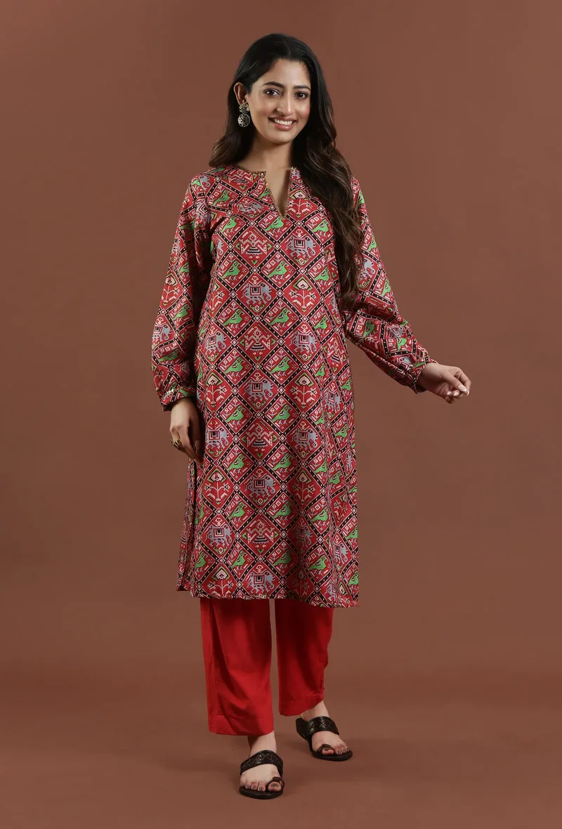 Vibrant Red Patola Inspired Printed Tussar Silk Straight Kurta