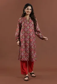 Vibrant Red Patola Inspired Printed Tussar Silk Straight Kurta image 1