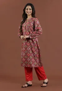 Vibrant Red Patola Inspired Printed Tussar Silk Straight Kurta image 2