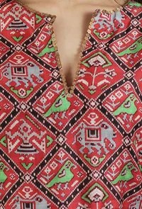 Vibrant Red Patola Inspired Printed Tussar Silk Straight Kurta image 5