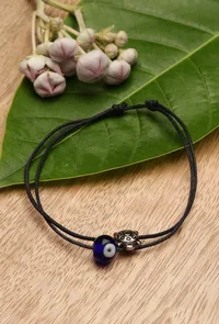 Adjustable Black Thread Anklet with German Silver Evil Eye & Silver-Plated Tortoise Charm image 1