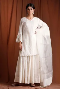 Off White Short Kurta Bell Sleeved Gathered Kurta image 1
