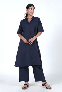 Set Of 2: Navy Blue Cotton Kurta & Pant Set image 1