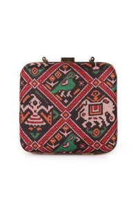 Afraa Black & Multi Patola Print Rectangular Box Clutch image 4