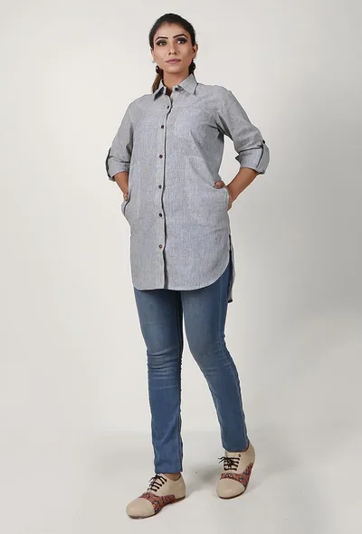 Light Grey Handloom Cotton Asymmetrical Shirt