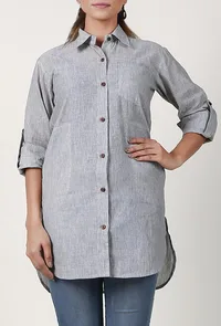 Light Grey Handloom Cotton Asymmetrical Shirt image 2
