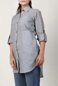 Light Grey Handloom Cotton Asymmetrical Shirt image 3