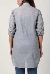 Light Grey Handloom Cotton Asymmetrical Shirt image 4