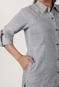 Light Grey Handloom Cotton Asymmetrical Shirt image 5