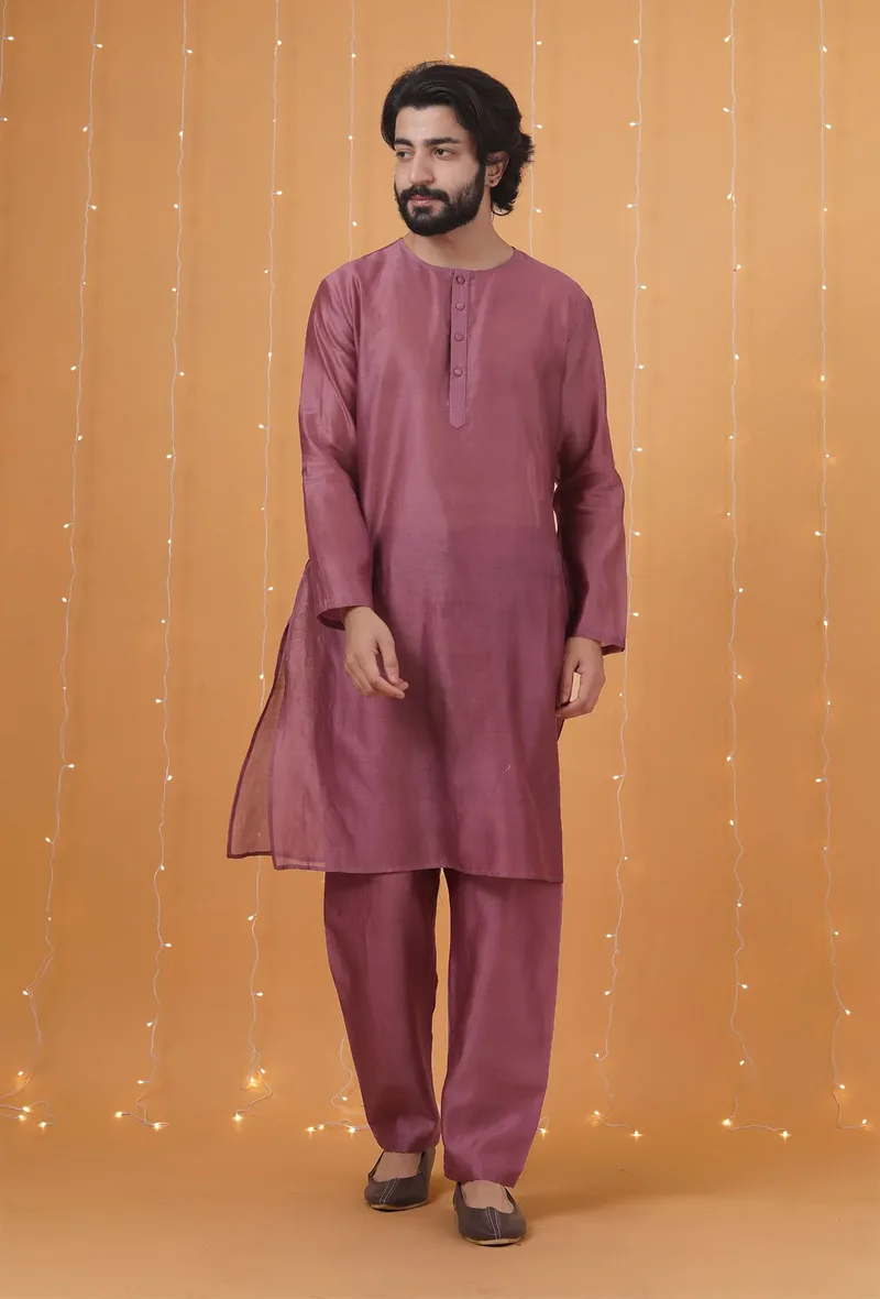 Set Of 2: Grape Chanderi Kurta & Pajama
