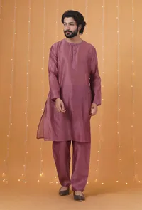 Set Of 2: Grape Chanderi Kurta & Pajama image 1