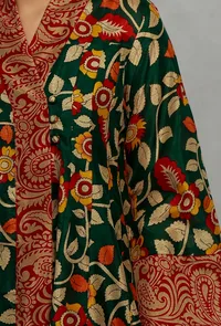 Set Of 2: Green Kalamkari Printed Overlap Flared Kurta Dress With Solid Green Chanderi Narrow Pants image 5