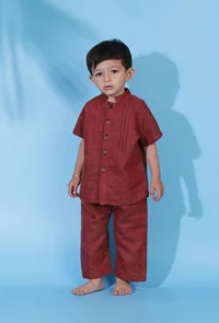 Set of 2- Carmine Red khadi cotton front open shirt paired with carmine red khadi cotton pant image 1