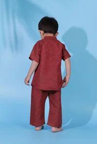 Set of 2- Carmine Red khadi cotton front open shirt paired with carmine red khadi cotton pant image 3