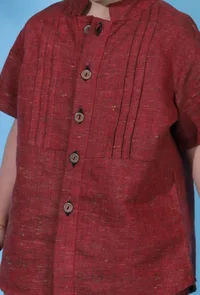 Set of 2- Carmine Red khadi cotton front open shirt paired with carmine red khadi cotton pant image 4