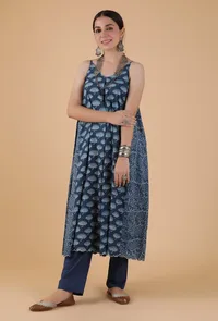 Set Of 2:Advaita Indigo Side Gather Kurta Dress & Narrow Fit Pants image 1