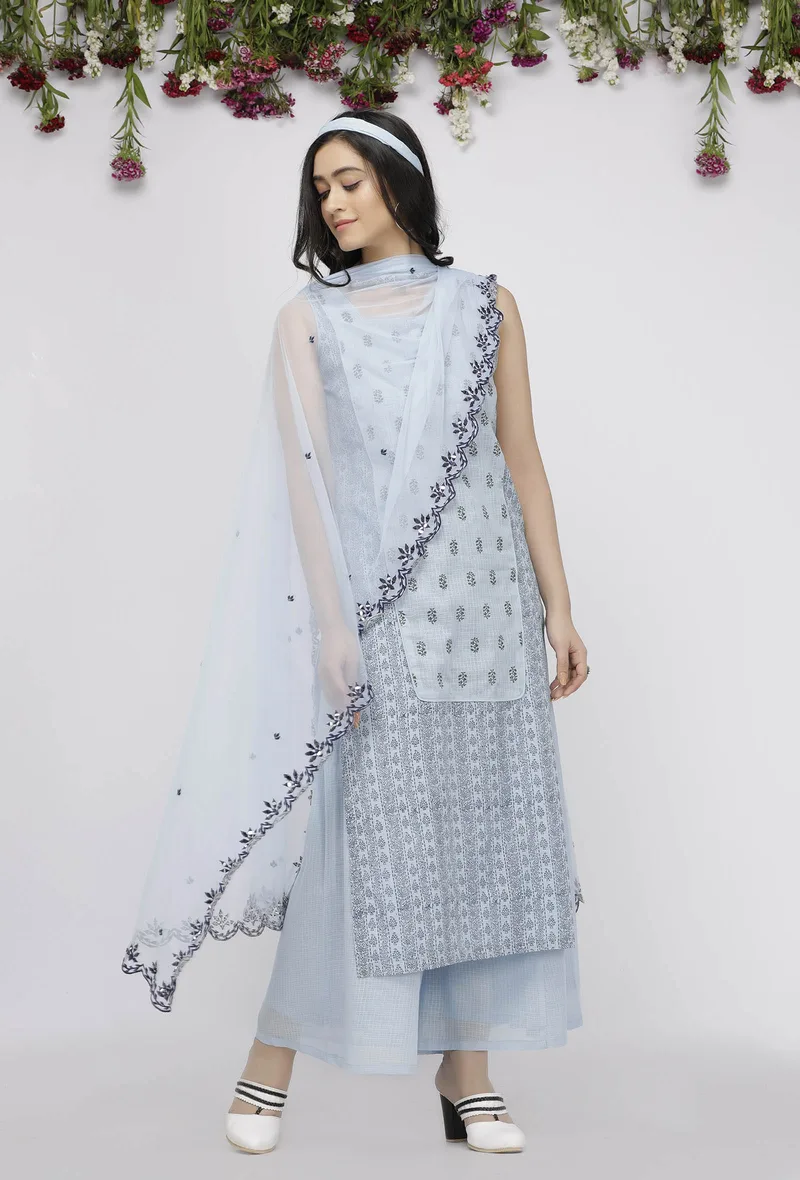 Set of 3: Blue Kota Hand-Block Printed kurta , Blue Cotton Pallazo Paired with Embroidered Net Dupatta