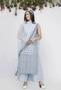 Set of 3: Blue Kota Hand-Block Printed kurta , Blue Cotton Pallazo Paired with Embroidered Net Dupatta image 2