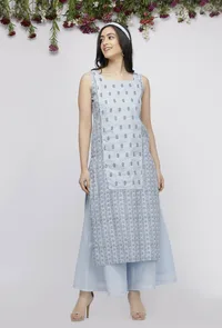 Set of 3: Blue Kota Hand-Block Printed kurta , Blue Cotton Pallazo Paired with Embroidered Net Dupatta image 3