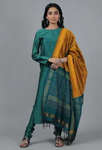 Ochre & Emerald Green Ikat Dupatta image 2
