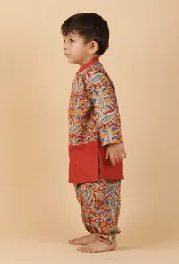 Set Of 2: Tilak Maroon Red Kalamkari Front Open Cotton Kurta & Dhoti image 2