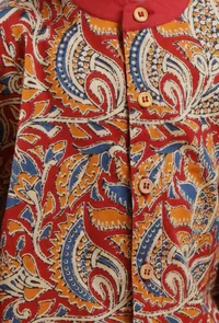 Set Of 2: Tilak Maroon Red Kalamkari Front Open Cotton Kurta & Dhoti image 4
