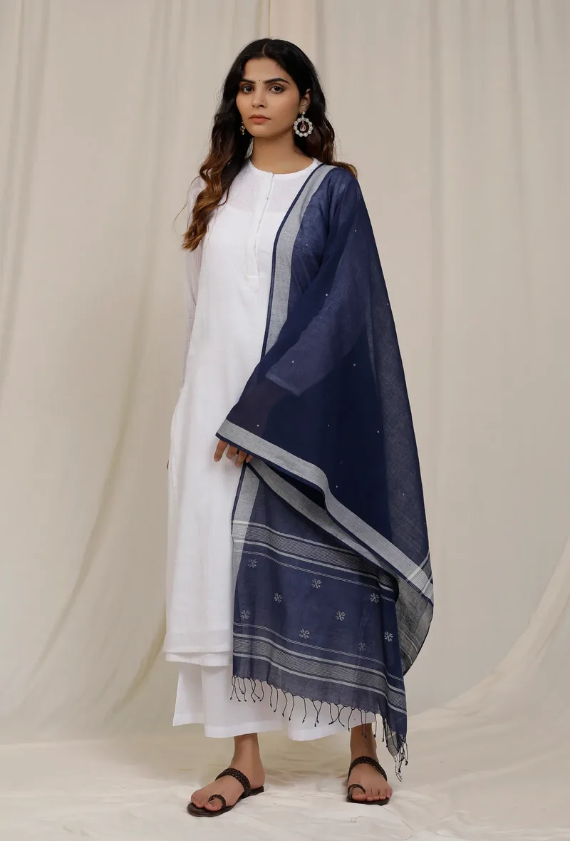 Navy Blue Handloom Cotton Jamdani stole