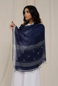 Navy Blue Handloom Cotton Jamdani stole image 2
