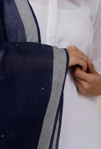 Navy Blue Handloom Cotton Jamdani stole image 3