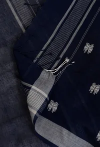 Navy Blue Handloom Cotton Jamdani stole image 4